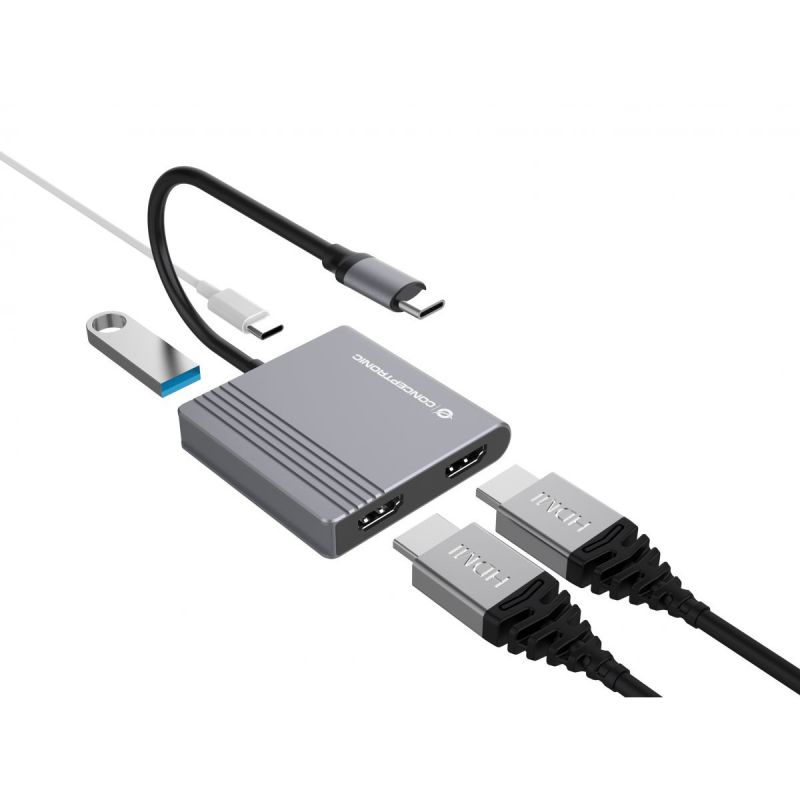 Hub Udhëtimi CONCEPTRONIC 4-në-1 USB-C në 2xHDMI/USB-A 100W PD - Hiri - Figura 3