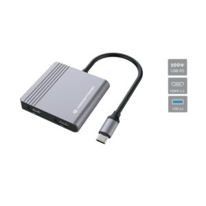 Hub Udhëtimi CONCEPTRONIC 4-në-1 USB-C në 2xHDMI/USB-A 100W PD - Hiri