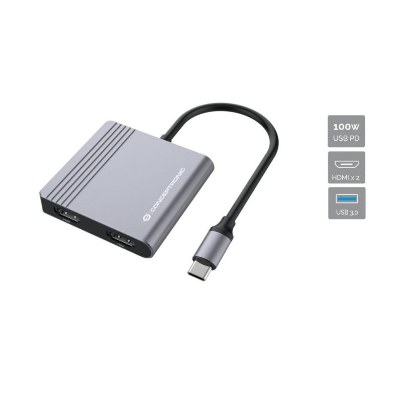 Hub Udhëtimi CONCEPTRONIC 4-në-1 USB-C në 2xHDMI/USB-A 100W PD - Hiri