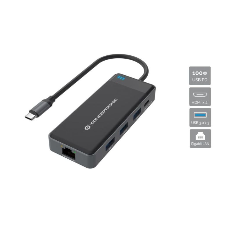 Docking Station CONCEPTRONIC 7-në-1 USB-C në 2xHDMI/3xUSB-A/GbE - Hiri