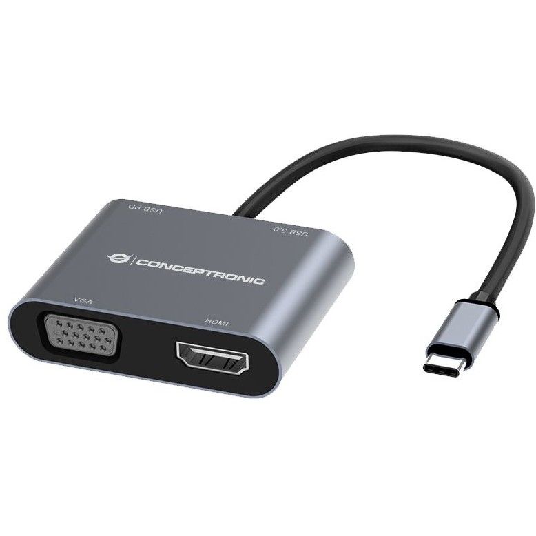 Hub Udhëtimi CONCEPTRONIC 4-në-1 USB-C në HDMI/USB 3.0/VGA 100W PD - Hiri - Figura 3