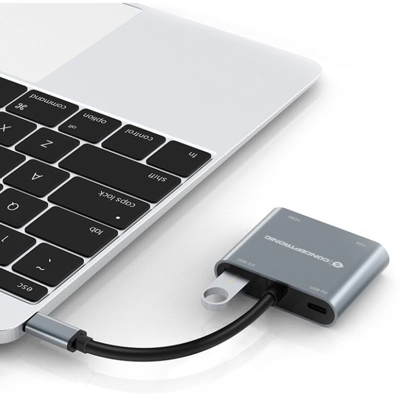 Hub Udhëtimi CONCEPTRONIC 4-në-1 USB-C në HDMI/USB 3.0/VGA 100W PD - Hiri - Figura 4