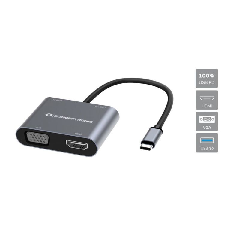 Hub Udhëtimi CONCEPTRONIC 4-në-1 USB-C në HDMI/USB 3.0/VGA 100W PD - Hiri