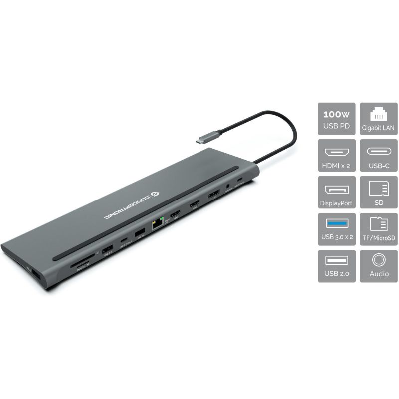 Docking Station CONCEPTRONIC 12-në-1 USB-C në 2xHDMI/3xUSB-A/DP - Hiri