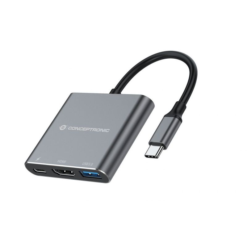 Hub Udhëtimi CONCEPTRONIC 3-në-1 USB-C në HDMI/USB-A 100W PD - Hiri