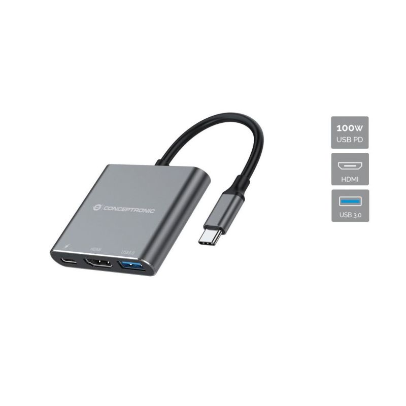Hub Udhëtimi CONCEPTRONIC 3-në-1 USB-C në HDMI/USB-A 100W PD - Hiri - Figura 2