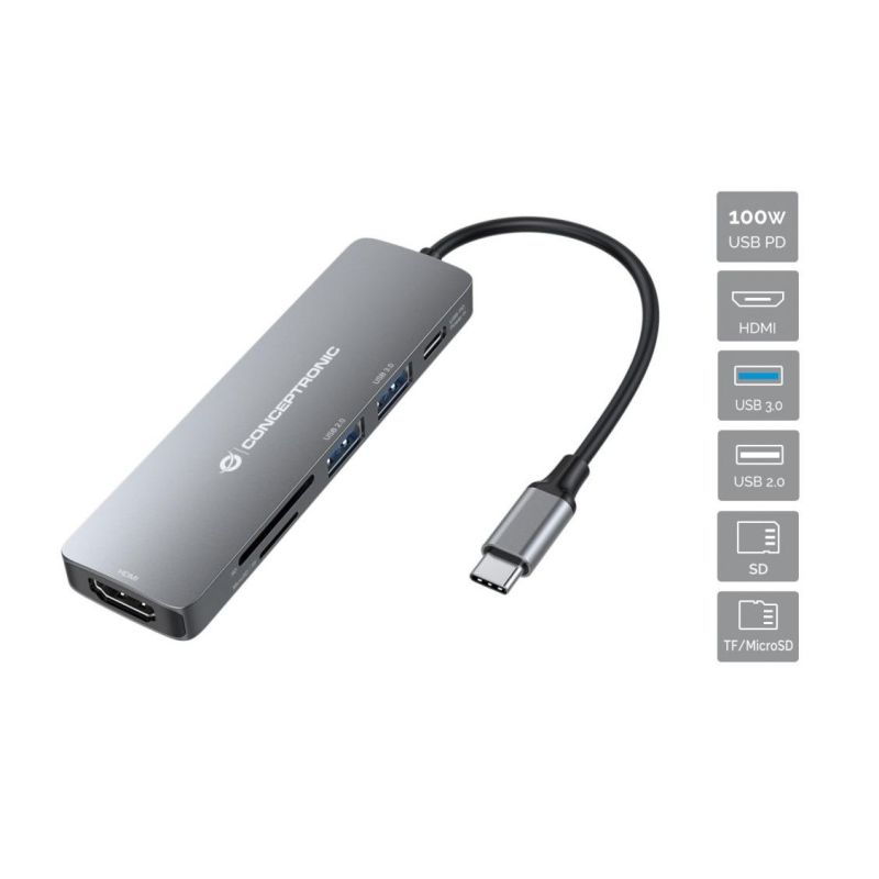 Hub Udhëtimi CONCEPTRONIC 6-në-1 USB-C në HDMI/2xUSB-A/SD/TF - Hiri - Figura 4