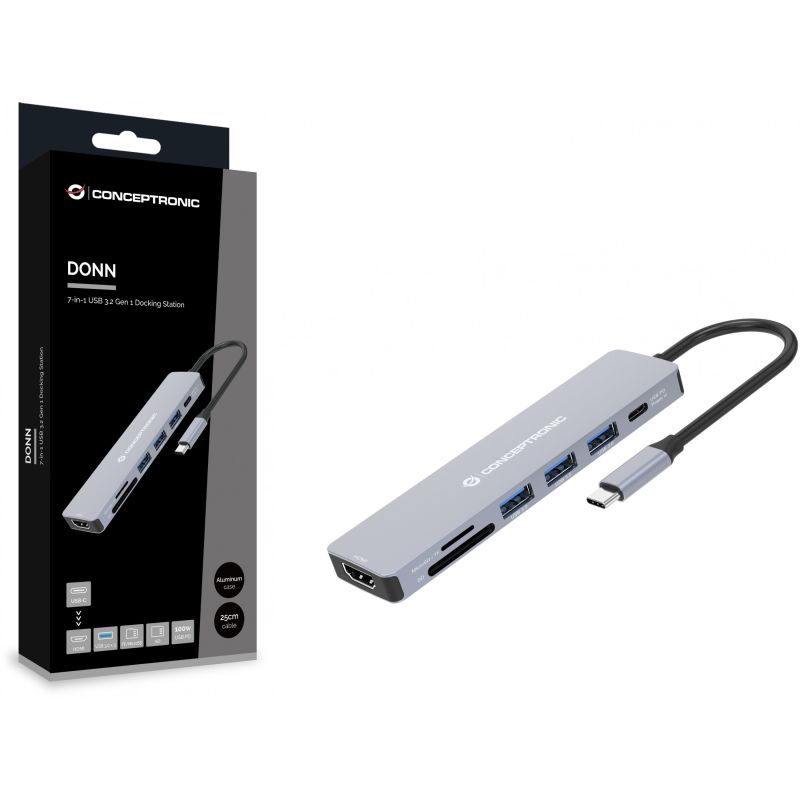 Hub Udhëtimi CONCEPTRONIC 7-në-1 USB-C në HDMI/3xUSB-A/SD/TF - Hiri - Figura 3