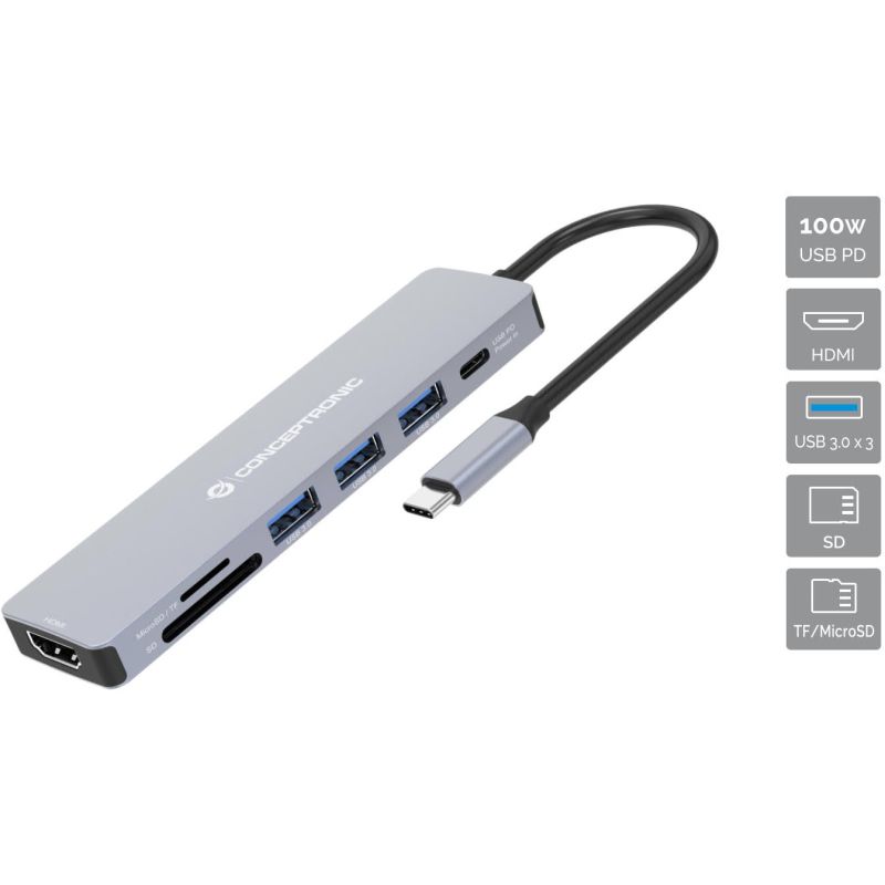 Hub Udhëtimi CONCEPTRONIC 7-në-1 USB-C në HDMI/3xUSB-A/SD/TF - Hiri - Figura 2