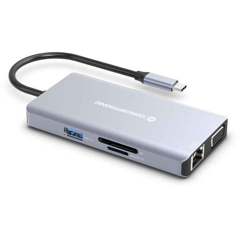 Hub Udhëtimi CONCEPTRONIC 10-në-1 USB-C në HDMI/USB-A/VGA/AUX - Hiri