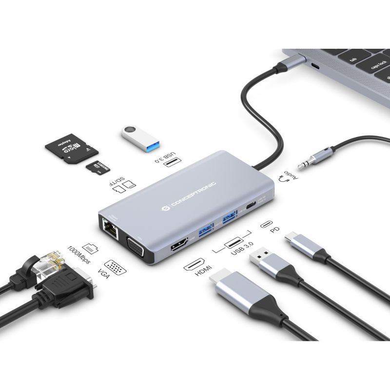 Hub Udhëtimi CONCEPTRONIC 10-në-1 USB-C në HDMI/USB-A/VGA/AUX - Hiri - Figura 3