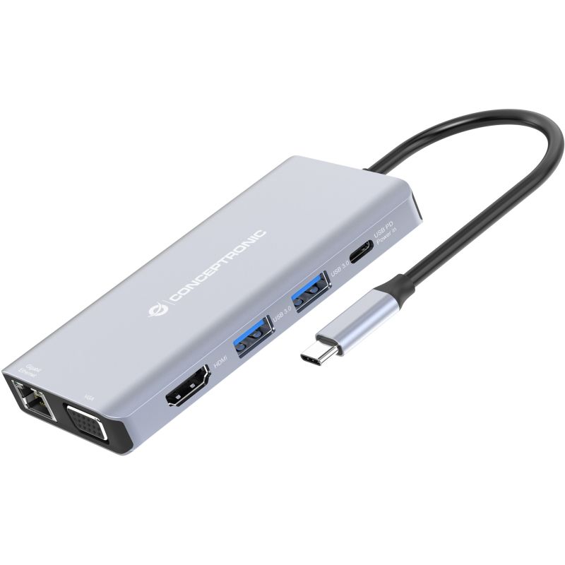 Hub Udhëtimi CONCEPTRONIC 10-në-1 USB-C në HDMI/USB-A/VGA/AUX - Hiri - Figura 2