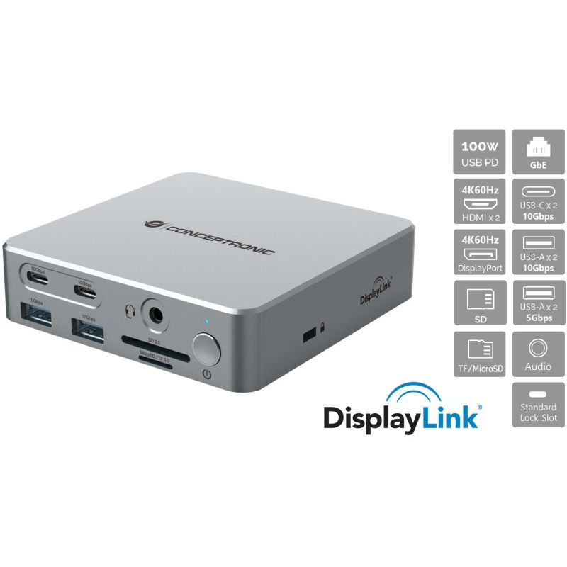Docking Station CONCEPTRONIC 15-në-1 USB-C në 2xHDMI/2xUSB-C/4xUSB-A 80W - Argjend