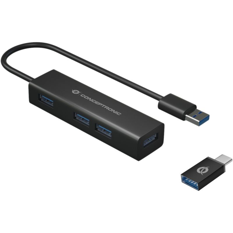 HUB Conceptronic / 4‑Port / USB‑A 3.0 + USB‑C Adapter → 4x USB‑A 3.0 / Bus‑Powered – Zezë