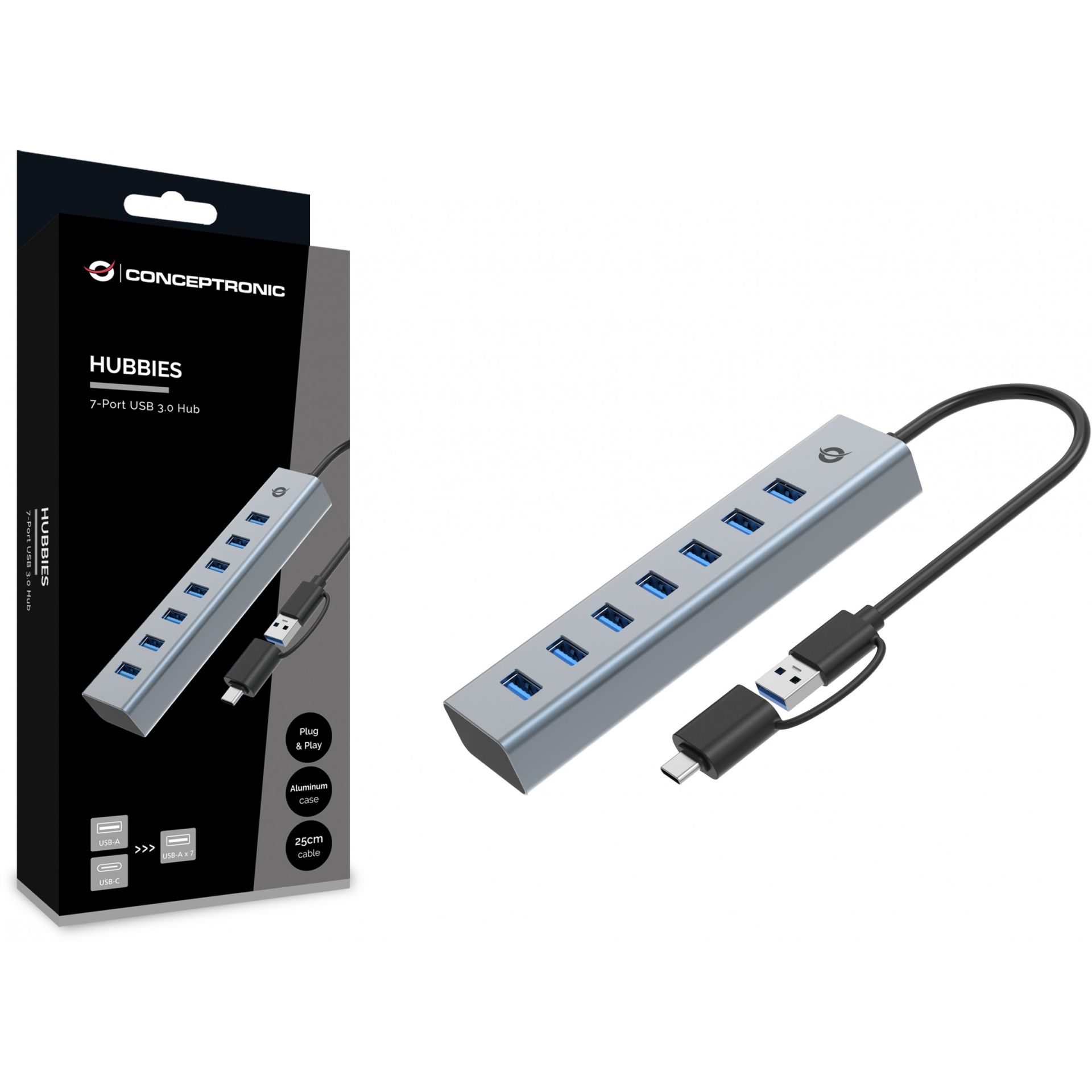 HUB USB 3.0/USB‑C Conceptronic / 7‑Port (7x A3.0) / pa furnizim energjie - Gri - Figura 3