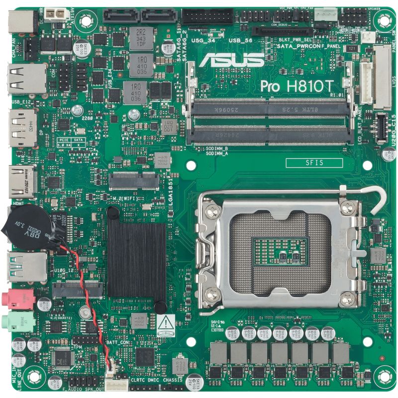 Pllakë Amë Intel ASUS PRO H810T‑CSM Motherboard (H810 / LGA1851 / Thin Mini‑ITX / DDR5 / HDMI / DisplayPort / CSM)