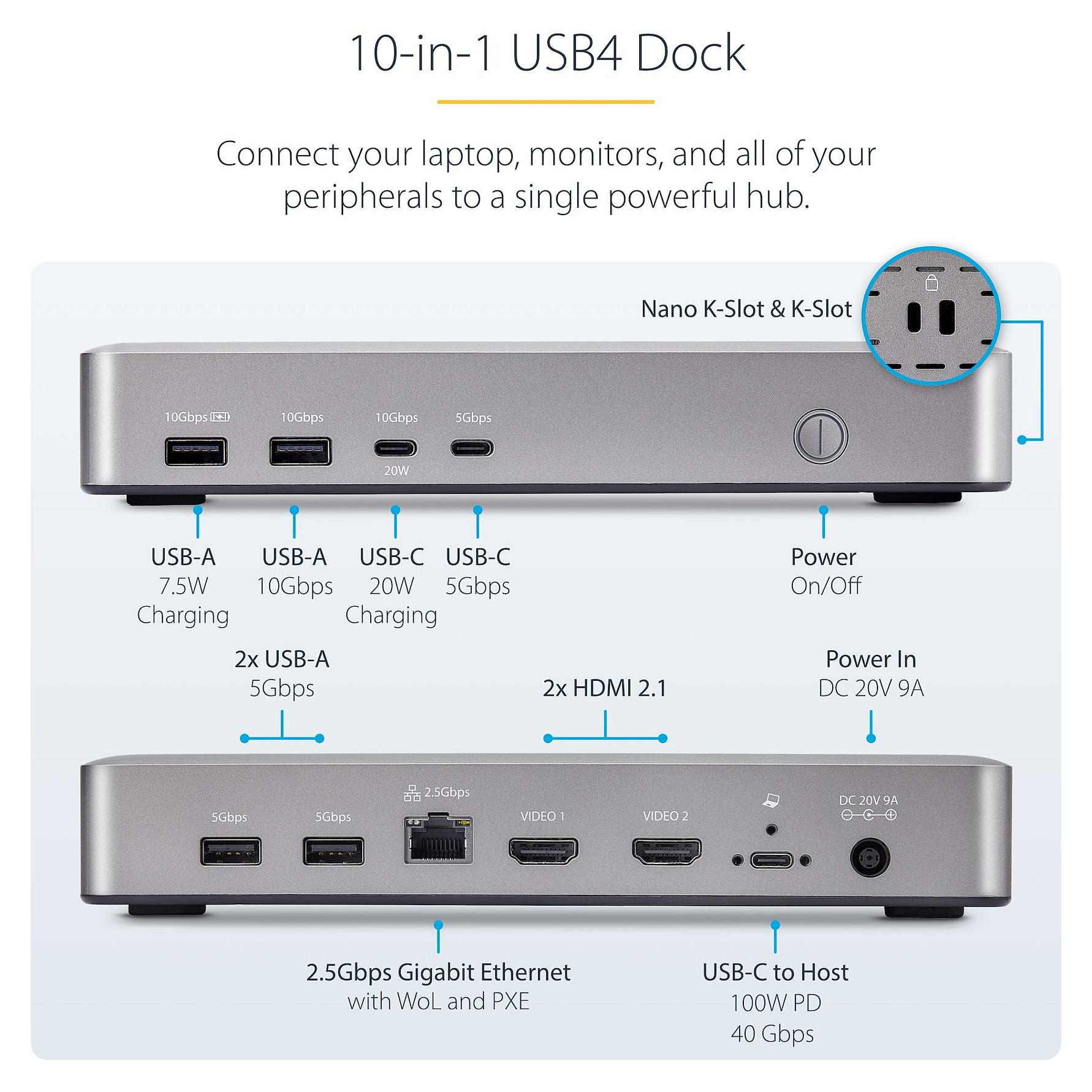 Docking Station USB4 StarTech Dual 4K Dock / 100W PD / 3xUSB-A / 2xUSB-C / 2xHDMI – Argjend - Figura 3