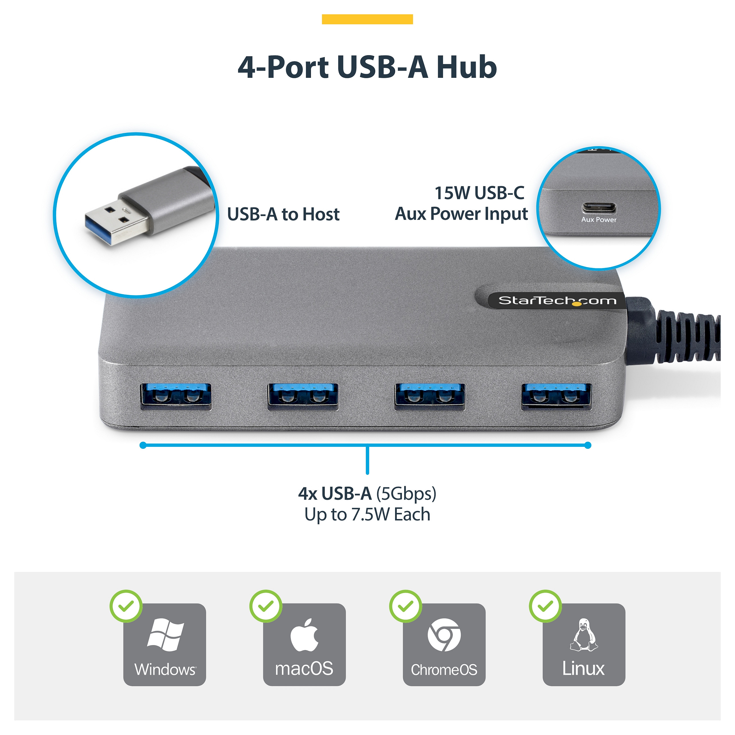 Hub StarTech 4-Port USB-A to 4 x USB-A + 1 x USB-C 5