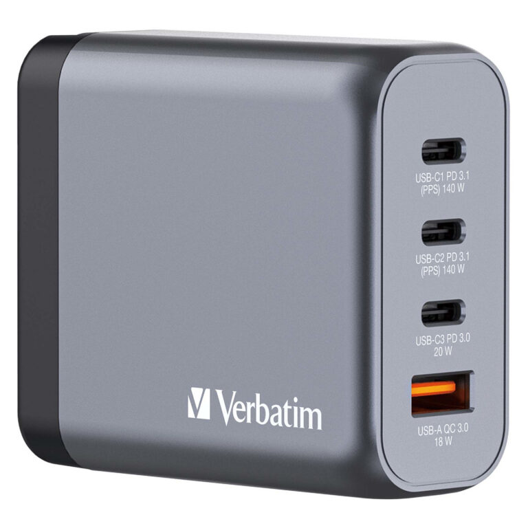 Adapter Verbatim GNC-140 GaN Charger 4-Port / 140W / USB-A + USB-C / EU-UK-US
