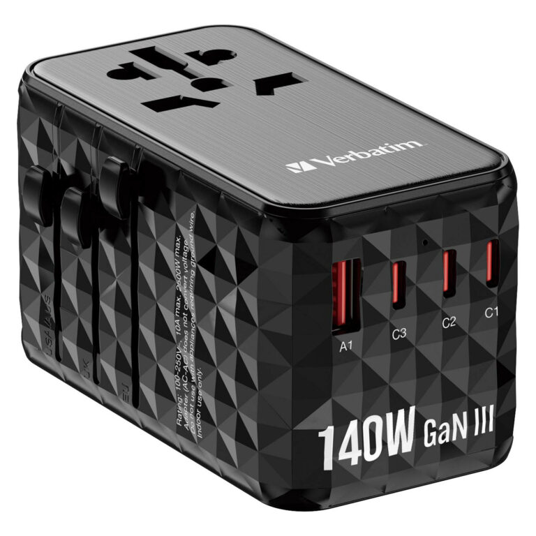 Adapter universal për udhëtim Verbatim GaN III 140W UTA-10 3xUSB-C & 1xUSB-A - Zezë