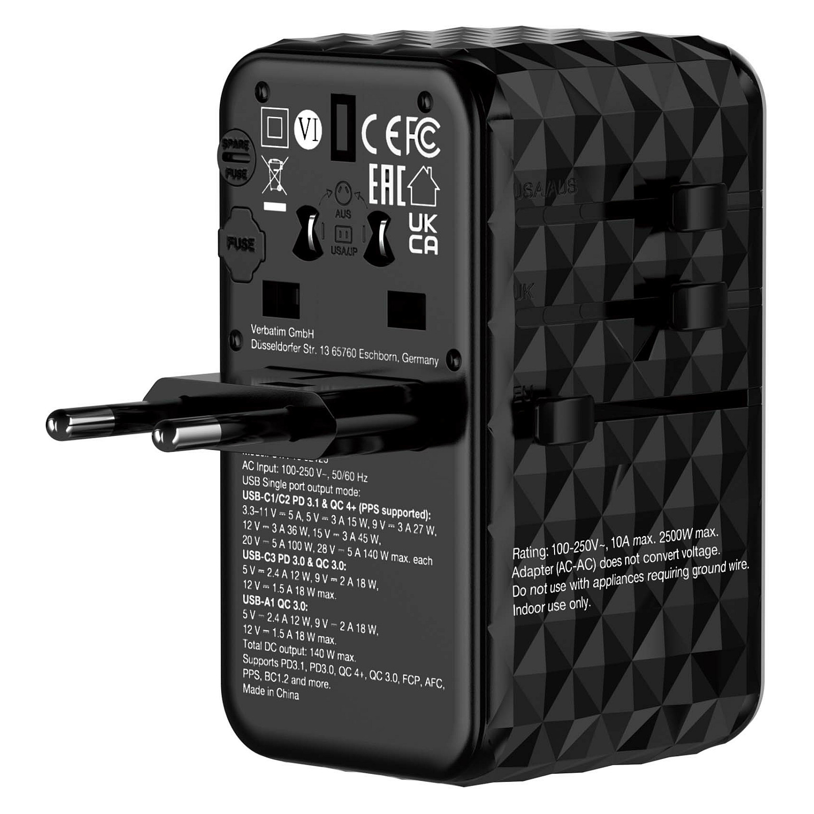 Adapter universal për udhëtim Verbatim GaN III 140W UTA-10 3xUSB-C & 1xUSB-A - Zezë - Figura 4
