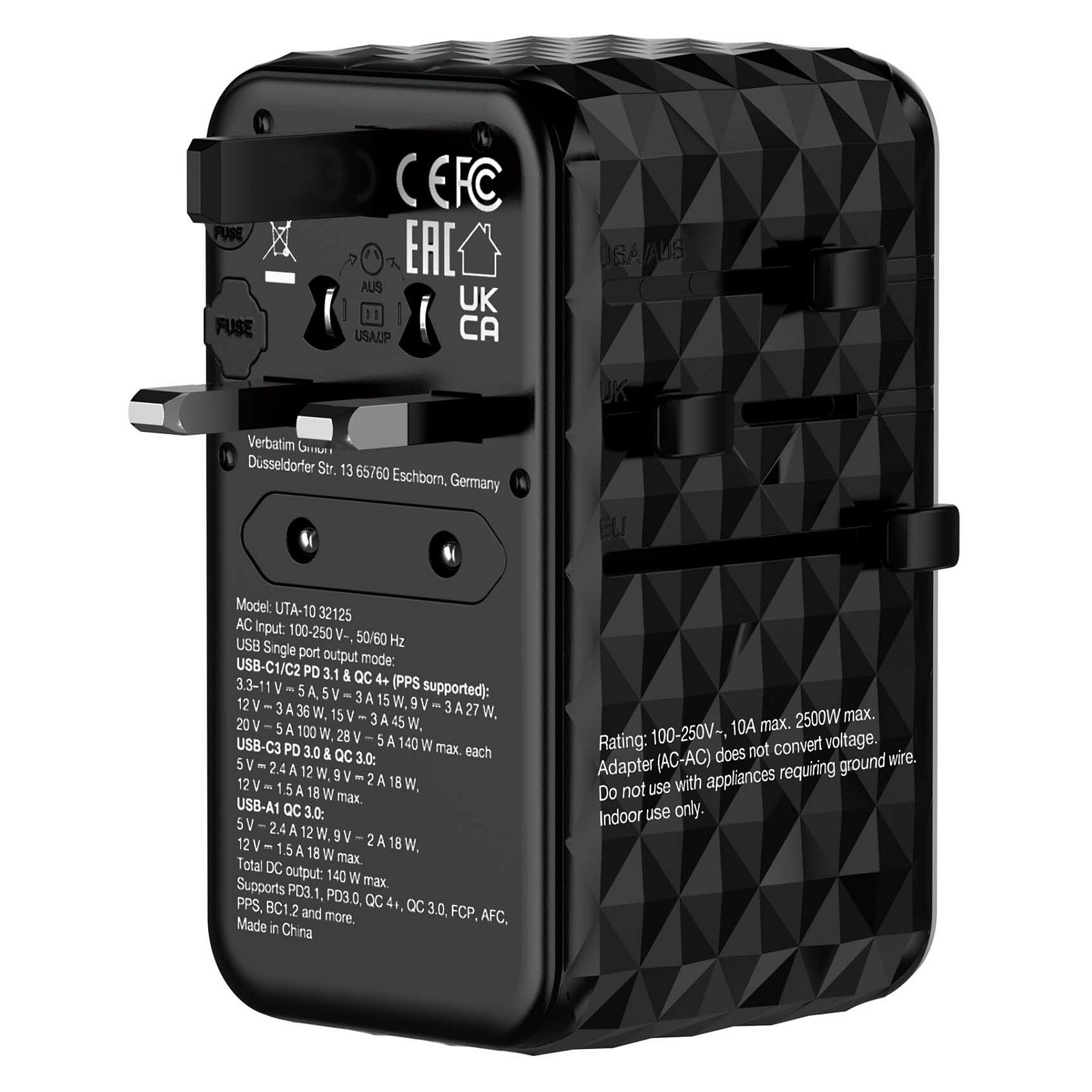 Adapter universal për udhëtim Verbatim GaN III 140W UTA-10 3xUSB-C & 1xUSB-A - Zezë - Figura 5