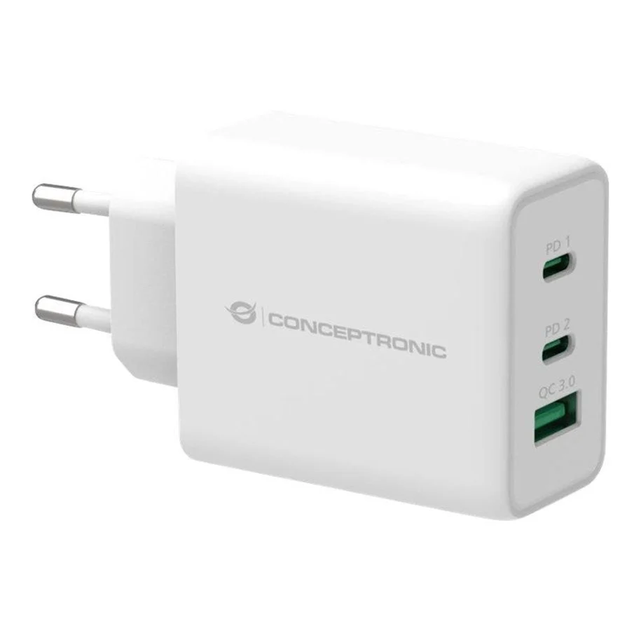 Adapter Conceptronic 3-Port GaN Charger / 2× USB-C / 1× USB-A – 65W – PD 3.0 – Bardhë