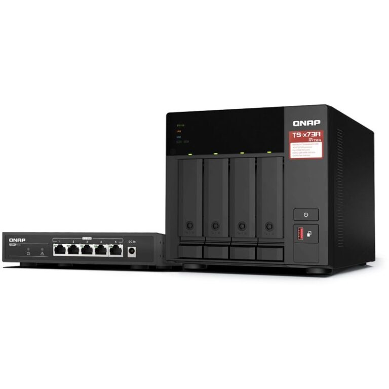 NAS QNAP / TS‑473A / 4 Bays / AMD Ryzen Embedded V1500B / 2.5G + Switch / QSW‑1105‑ST / 5 Ports / 2.5G