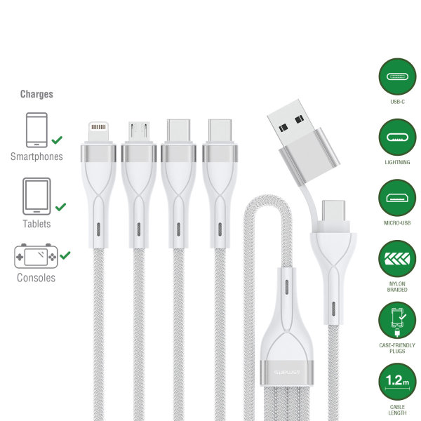Kabllo USB 4smarts USB-C/A Multi-Charging Cable 4-in-2 / 1.2m – Bardhë