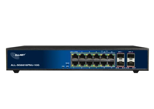 Switch ALLNET Full Managed Layer 2+ / 16-Port / 12x Gigabit / 8x PoE+ / 4x Gigabit LAN / 4x SFP+ 10G / PoE Budget 130W / 19" / ALL-SG8616PMJ-10G