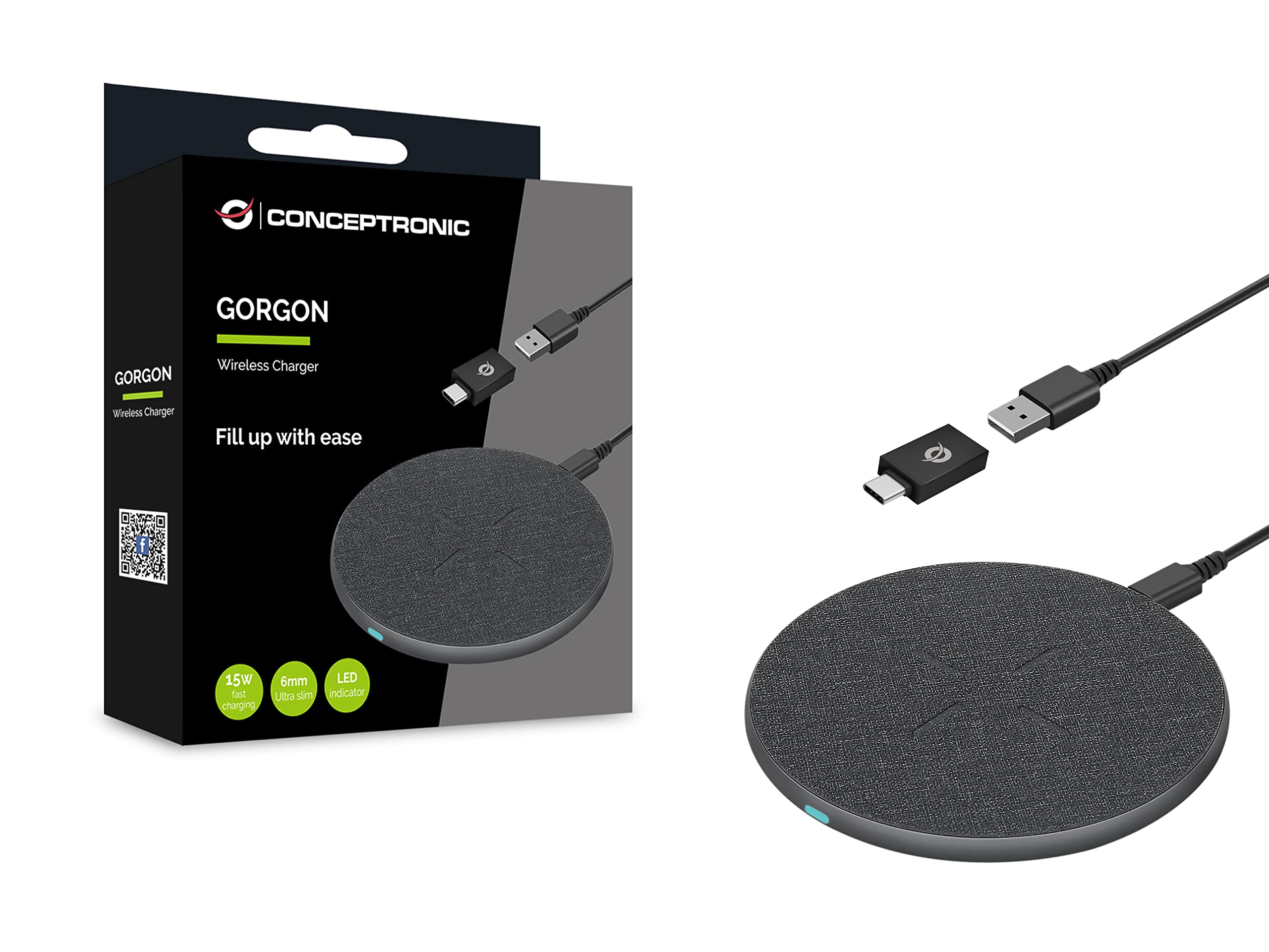Aksesorë për telefon Conceptronic Wireless Charging Pad / 15W / USB-A / USB-C Adapter – Hiri