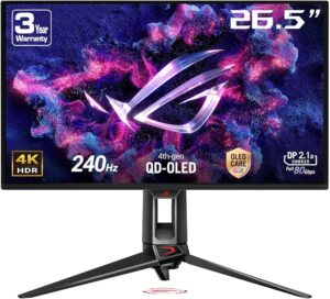 Monitor ASUS ROG Swift OLED PG27UCDM / 26.5″ / 4K UHD / QD-OLED / 16:9 / 240Hz / 0.03ms / DP 2.1 + HDMI + USB-C / E zezë