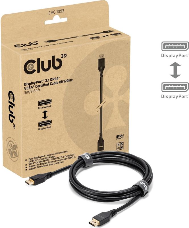 Kabllo DisplayPort Club3D / DisplayPort 2.1 / DP54 i certifikuar / 3m / 8K @ 120Hz / St/St / Retail