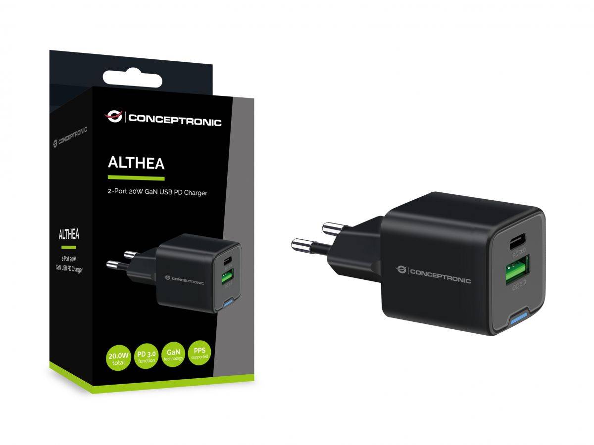 Adapter  Conceptronic 2-Port GaN Charger  USB-C / USB-A / 20W / PD 3.0 / PPS – Zezë