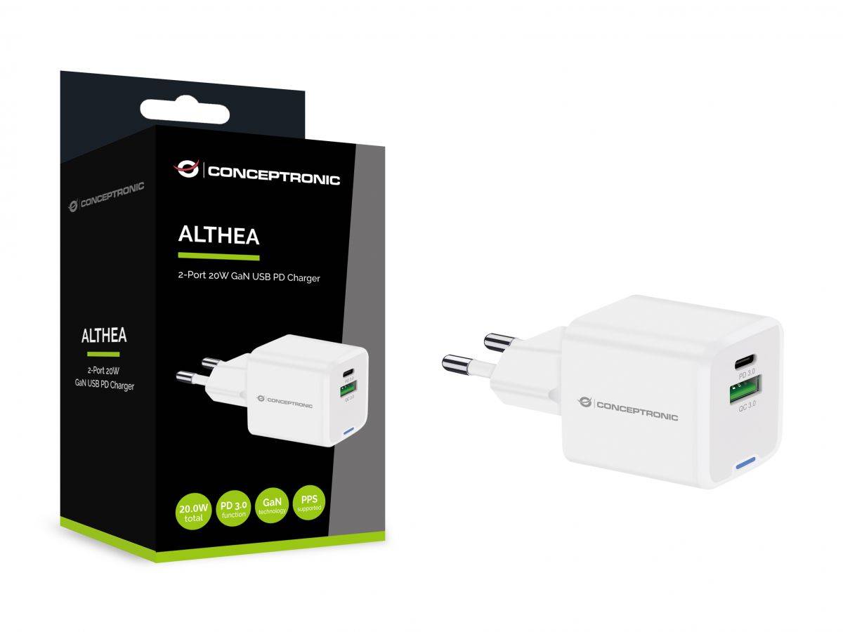 Adapter  Conceptronic 2-Port GaN Charger USB-C / USB-A / 20W / PD 3.0 / PPS – Bardhë