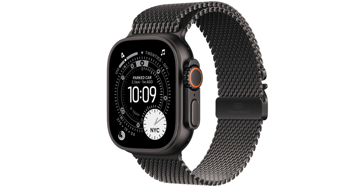 Apple Watch Ultra 3, Cellular, 49mm, Kasë Titani Black, me Brez Milanaise Titani ngjyrë Black – Large