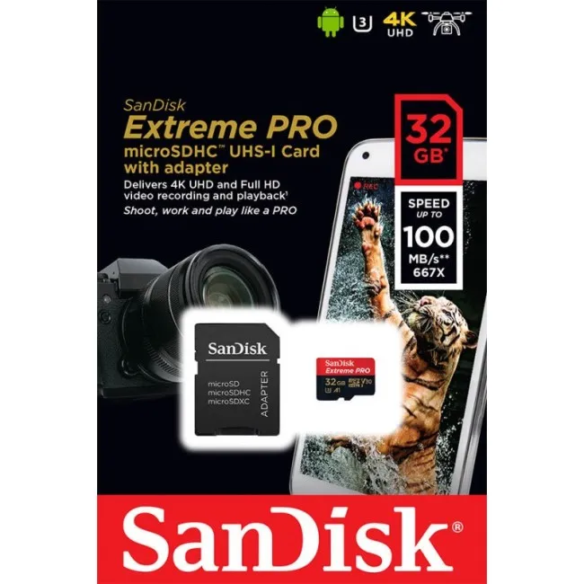 Kartë memorie SanDisk microSDHC Extreme Pro – 32GB / UHS-I / U3 / V30 / A1 / 100MB/s Read / 90MB/s Write