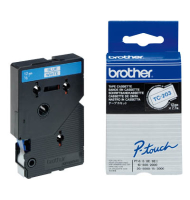 Letër Etiketuese TC-203 / Laminuese / 12mm x 7.7m / E zezë mbi të bardhë