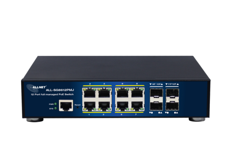 Switch ALLNET ALL-SG8612PMJ / Full Managed Layer2+ / 12 Port / 8x GbE / 8x PoE-at / PoE Budget 300W / 4x SFP / Fanless / JSON API