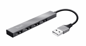 Mini USB HUB Trust Halyx / 4-Port / USB 2.0 / 4xUSB-A / 7x15x96mm / Me kabëll 10cm / Ngjyrë argjendi